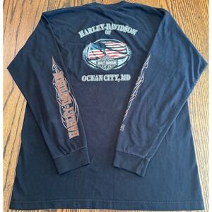 Harley Davidson Shirt Mens XL Flame Sleeve Pocket Flag Ocean City MD Y2K Style